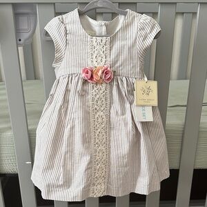 NWT Cream and Blue Striped Baby Dress with Rosette Detail